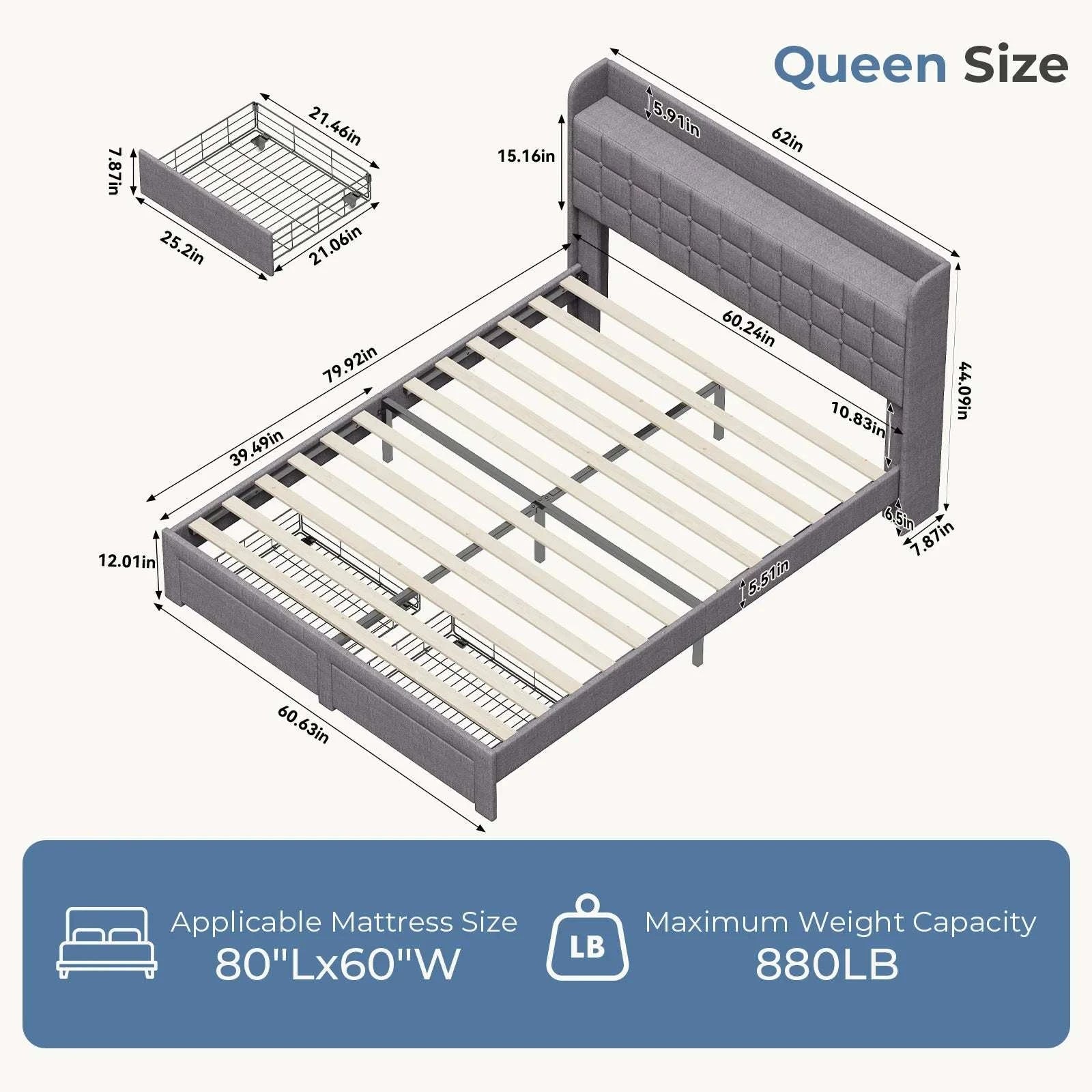 Wood Bed Frame with Storage Drawers & Upholstered Headboard-Gray / Queen / United States