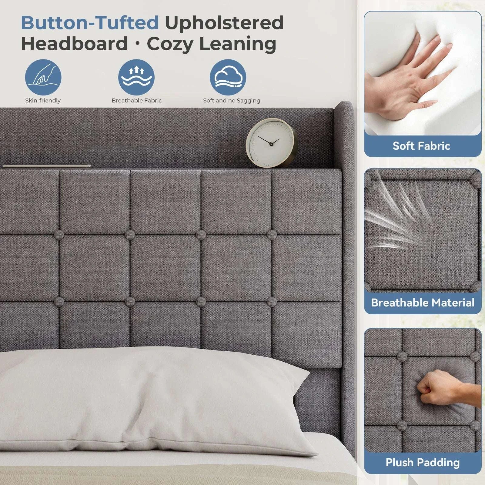 Wood Bed Frame with Storage Drawers & Upholstered Headboard-Gray / Queen / United States