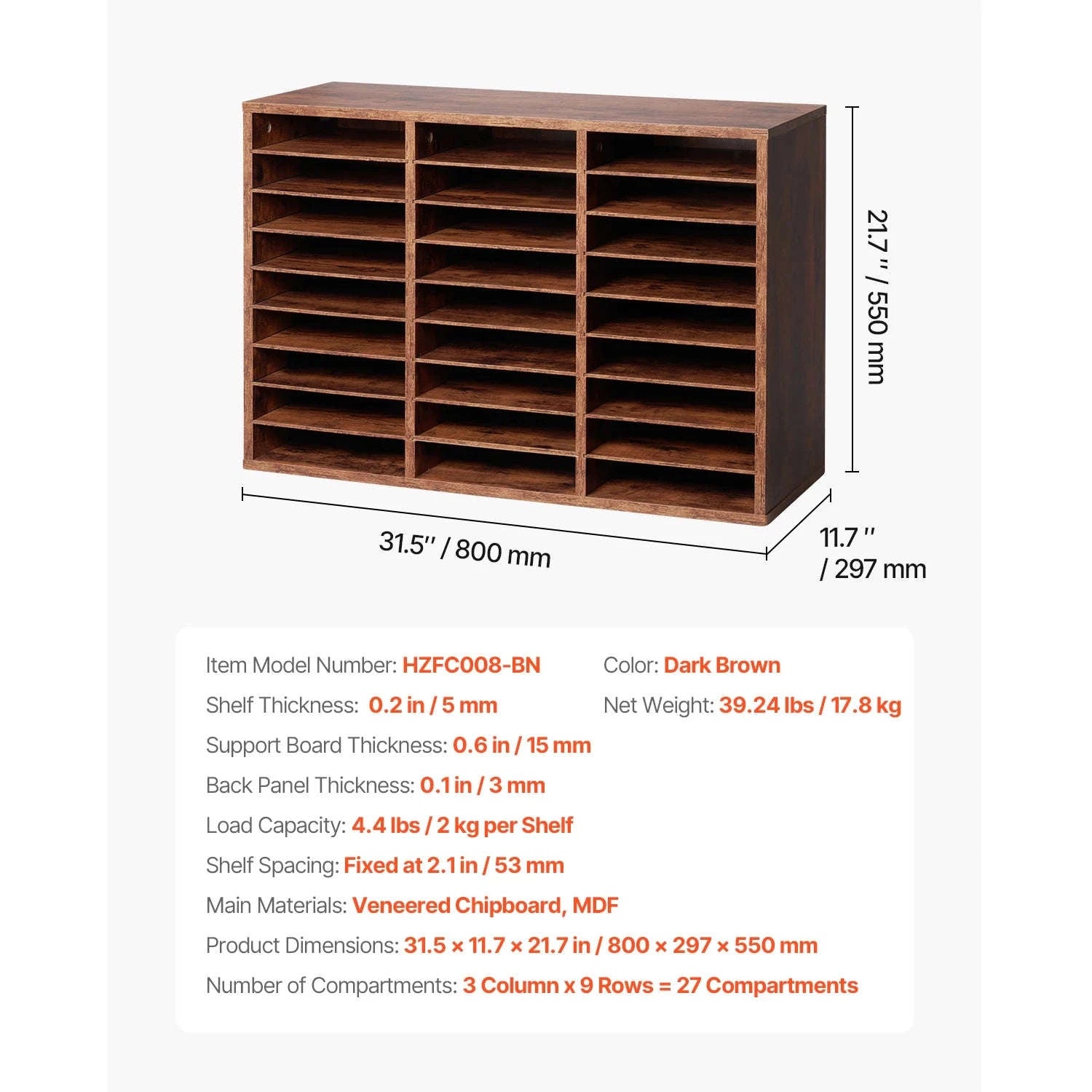 Wood Literature Organizer Mail Sorter for Office, Home, Classroom-36Squares Dark Brown / United States