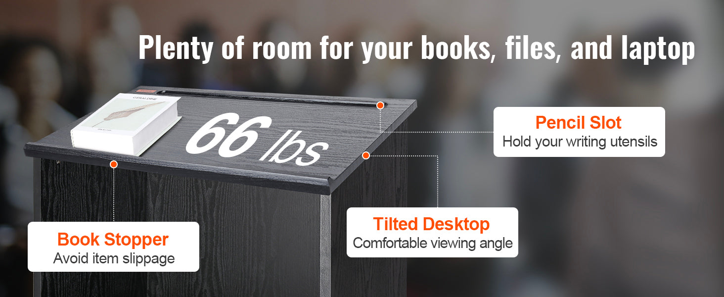 47" Rolling Podium Stand with Shelves and Tilted Desktop