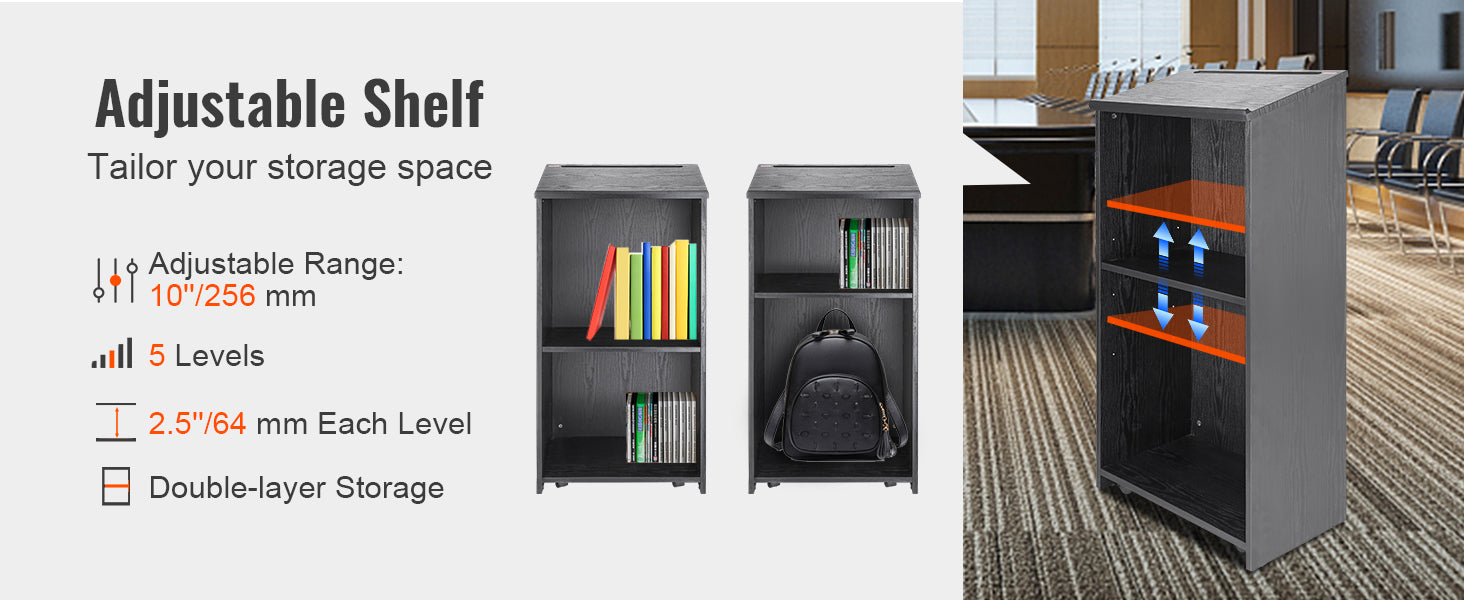47" Rolling Podium Stand with Shelves and Tilted Desktop