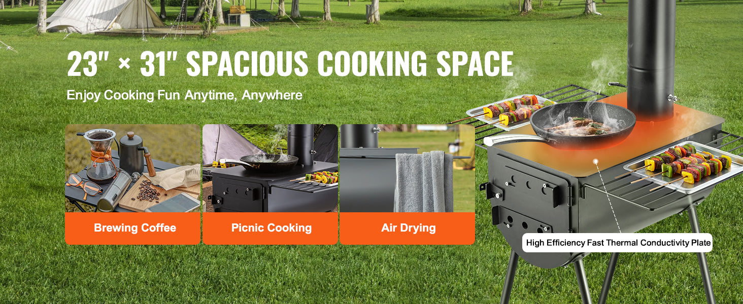 Poêle à bois portable pour camping avec cheminée et étagères de cuisson