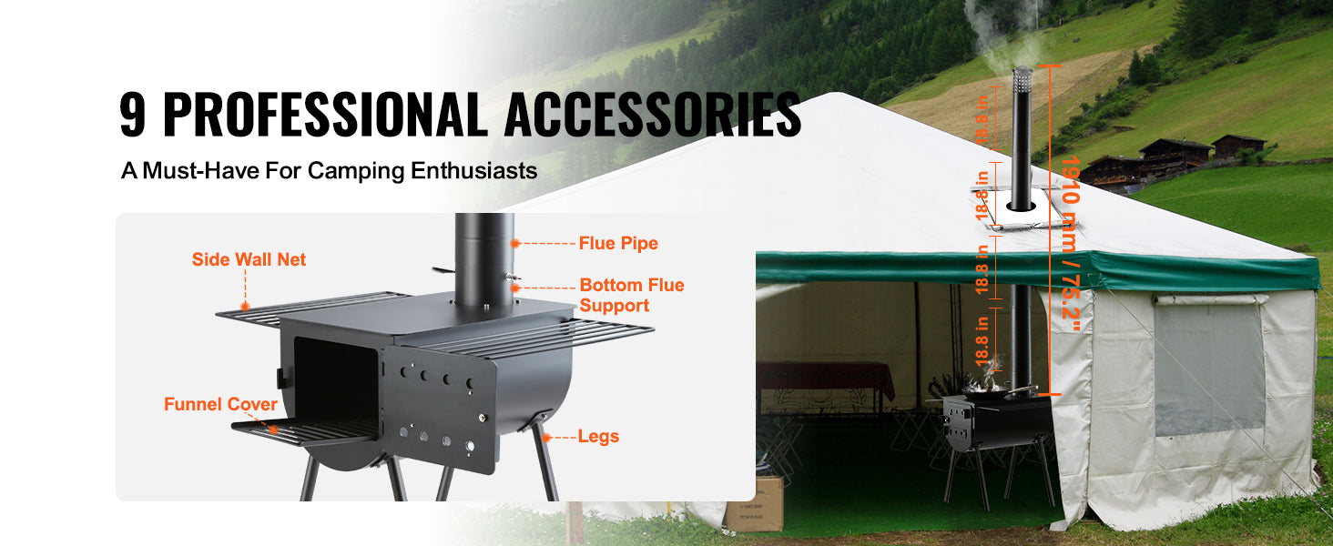 Poêle à bois portable pour camping avec cheminée et étagères de cuisson