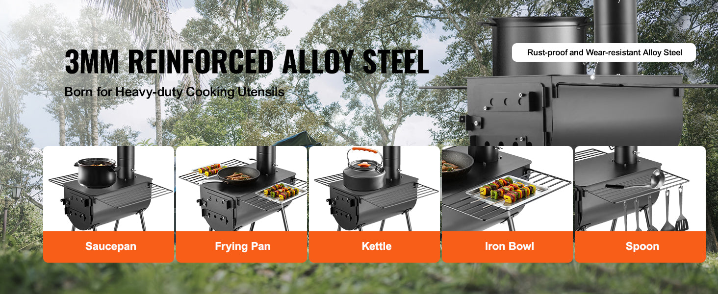 Poêle à bois portable pour camping avec cheminée et étagères de cuisson