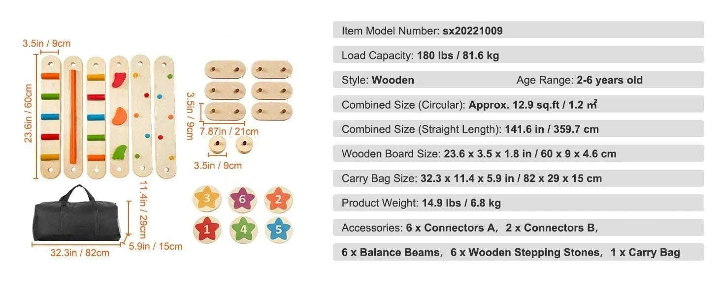 Wooden Balance Beam Stepping Stones Set for Kids 2–6-6pcs / United States