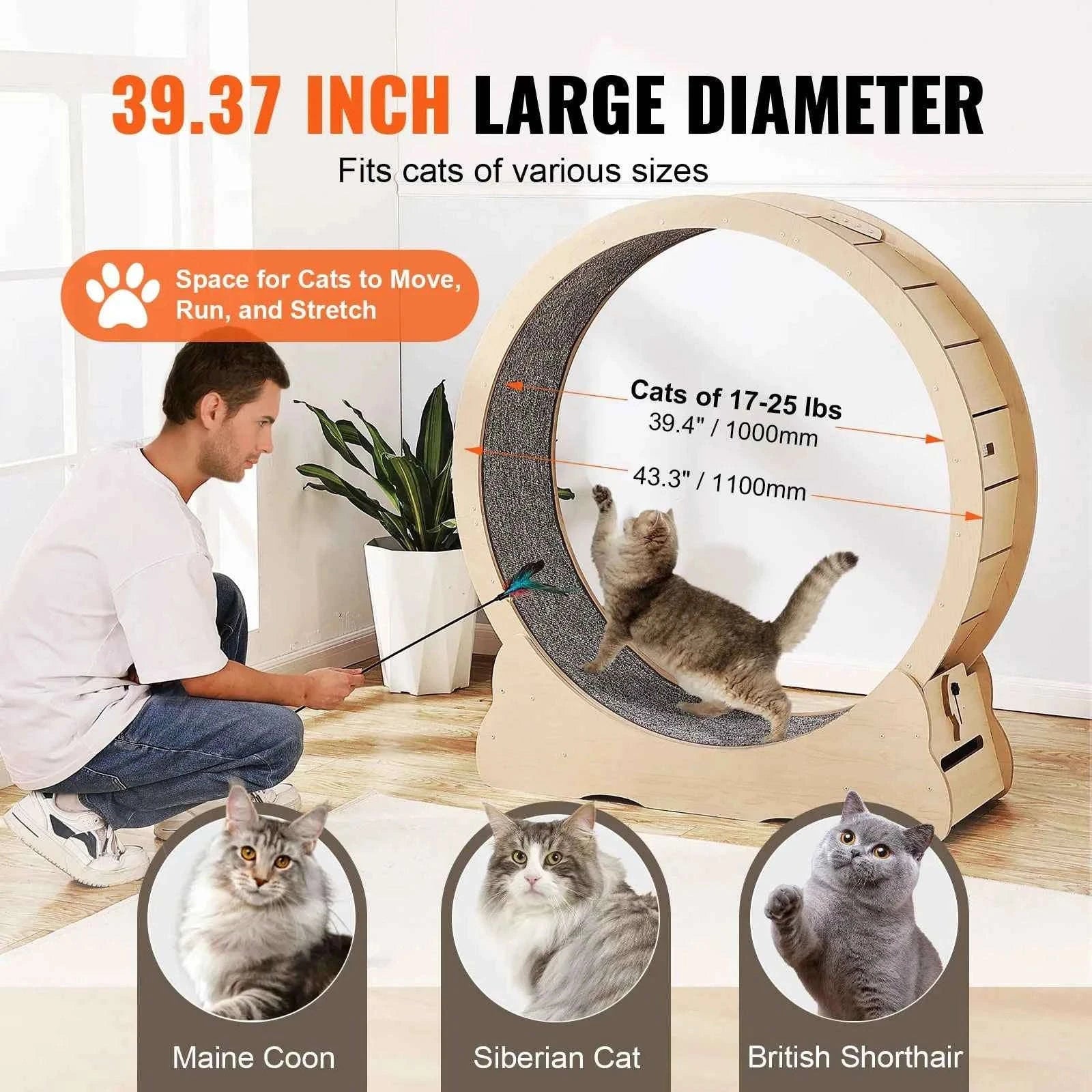 Wooden Cat Exercise Wheel with Detachable Carpet and Cat Teaser-35.8inch / france