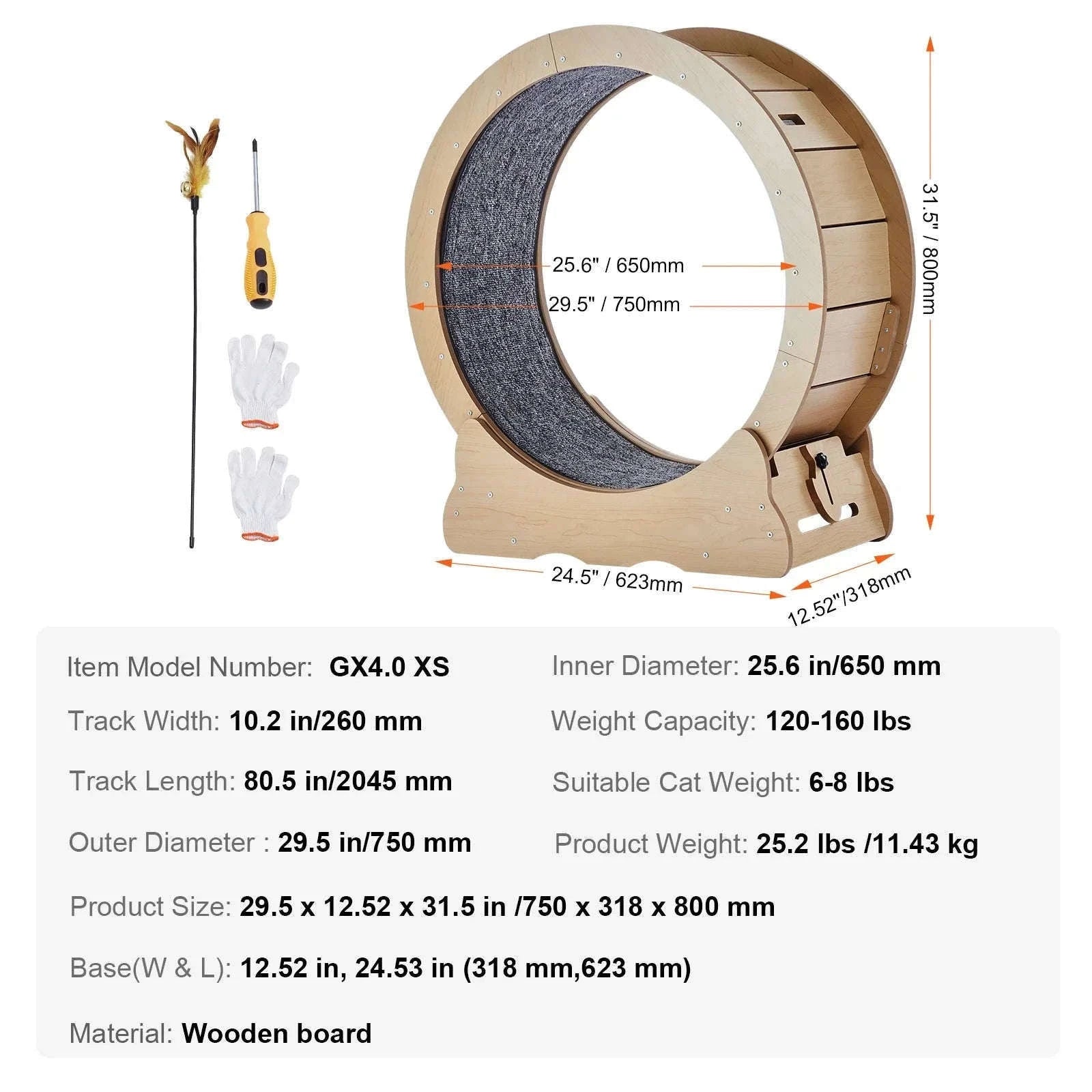 Wooden Cat Exercise Wheel with Detachable Carpet and Cat Teaser-35.8inch / france