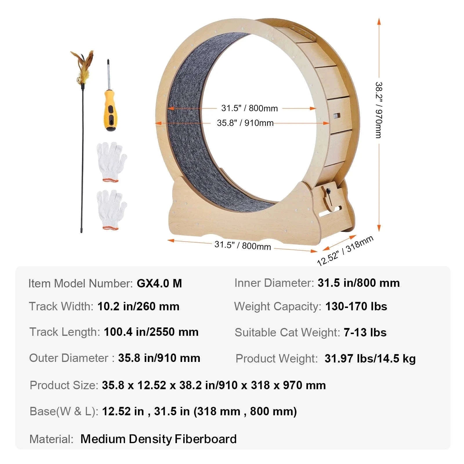 Wooden Cat Exercise Wheel with Detachable Carpet and Cat Teaser-35.8inch / france