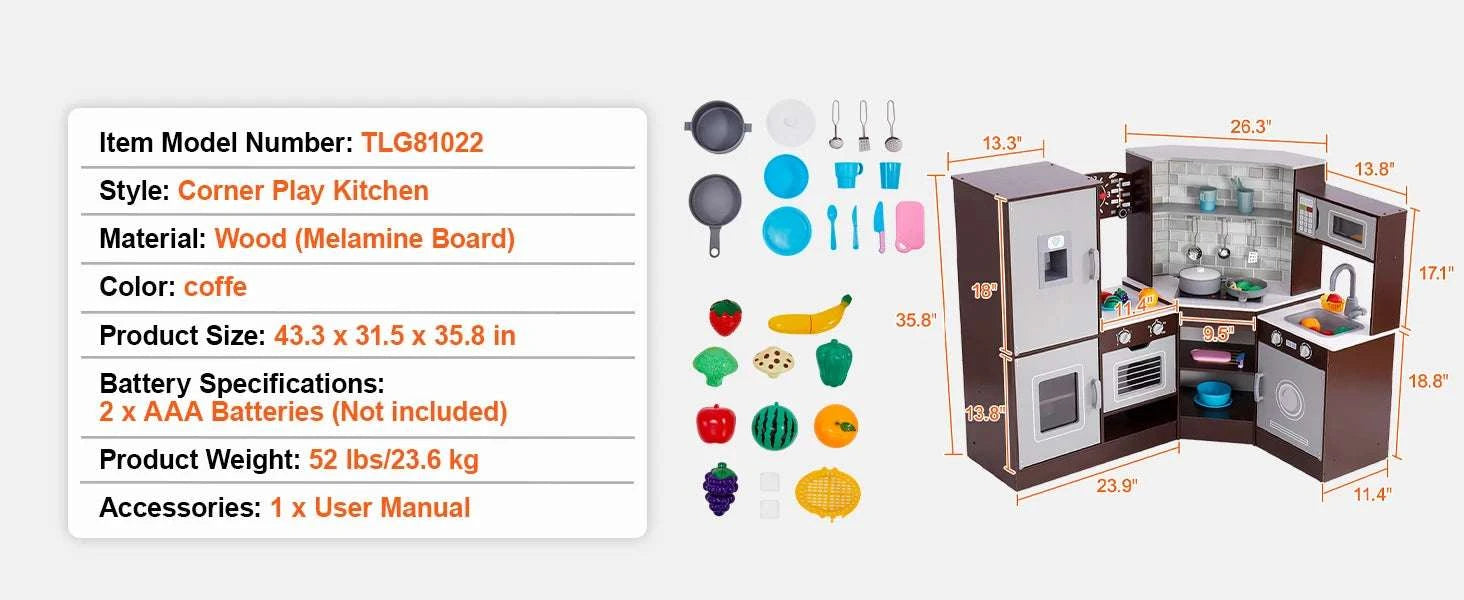 Wooden Kids Kitchen Playset with Lights, Sounds & 24 Accessories-Brown / United States