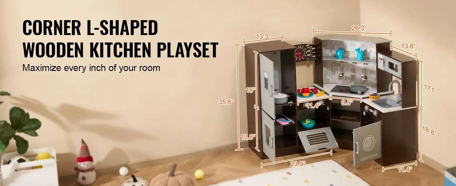 Wooden Kids Kitchen Playset with Lights, Sounds & 24 Accessories-Brown / United States