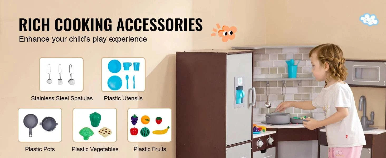 Wooden Kids Kitchen Playset with Lights, Sounds & 24 Accessories-Brown / United States