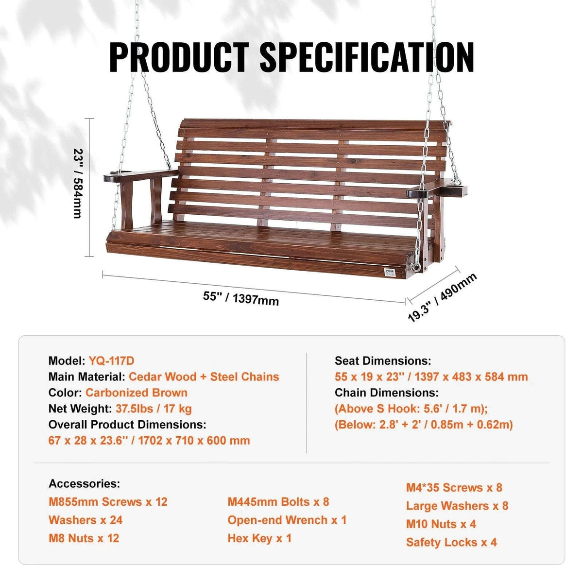 Wooden Porch Swing 5 ft Patio Bench with Steel Chains-brown 5ft / CZECH REPUBLIC