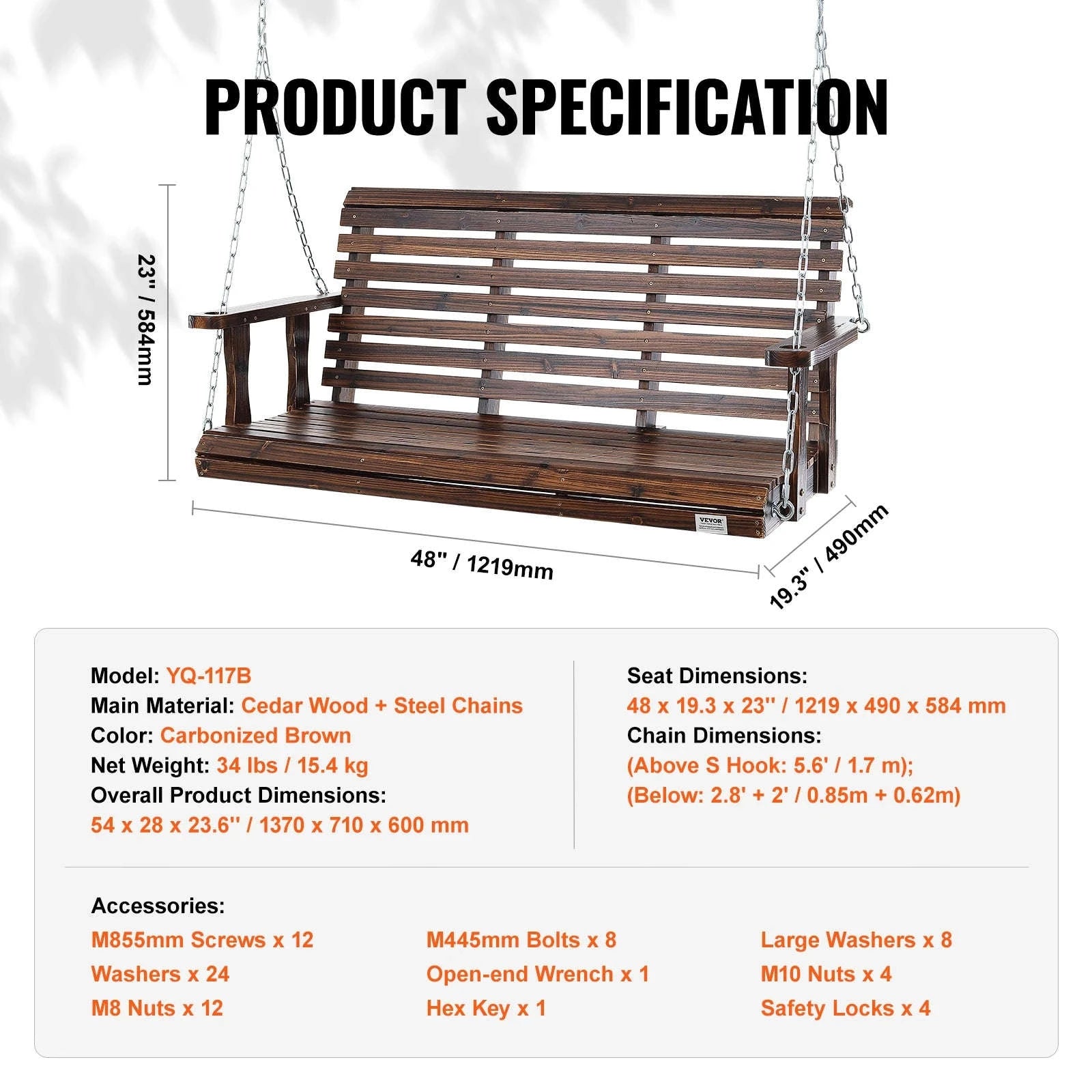 Wooden Porch Swing 5 ft Patio Bench with Steel Chains-brown 5ft / CZECH REPUBLIC