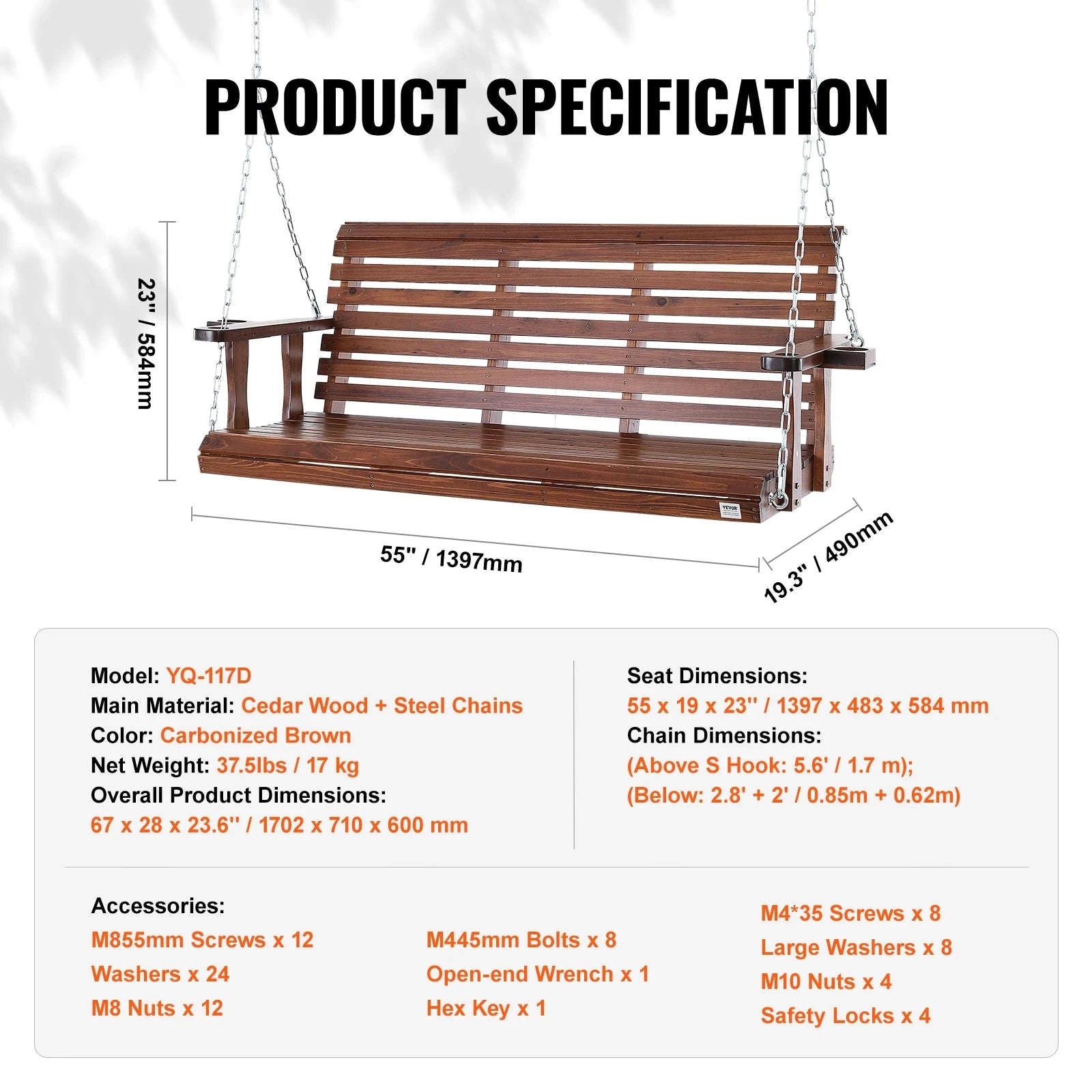 Wooden Porch Swing 5 ft Patio Bench with Steel Chains-brown 5ft / CZECH REPUBLIC