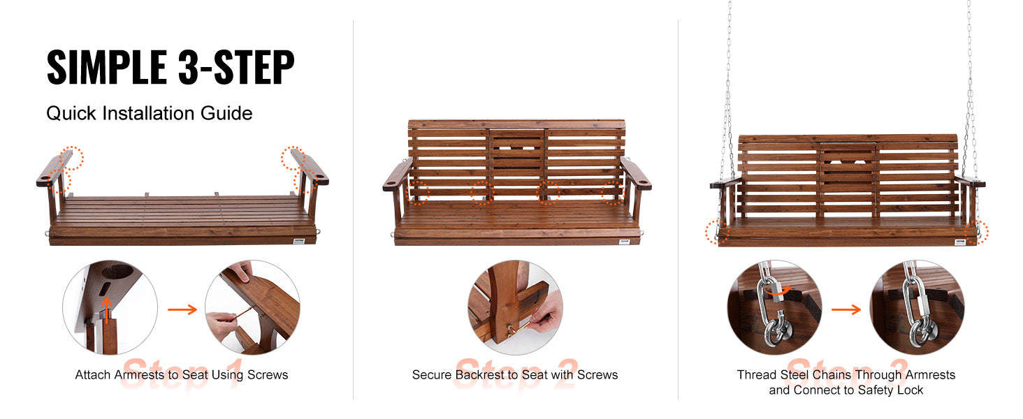 Wooden Porch Swing 5 ft Patio Bench with Steel Chains-brown 5ft / CZECH REPUBLIC