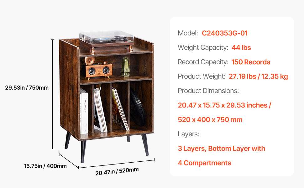 Wooden Record Player Stand with Vinyl Storage and Display Shelf-3 Layers Ironwood / Australia