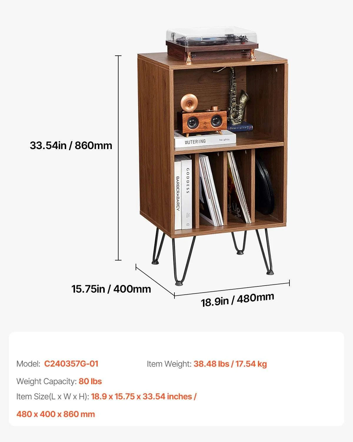 Wooden Record Player Stand with Vinyl Storage and Display Shelf-3 Layers Ironwood / Australia