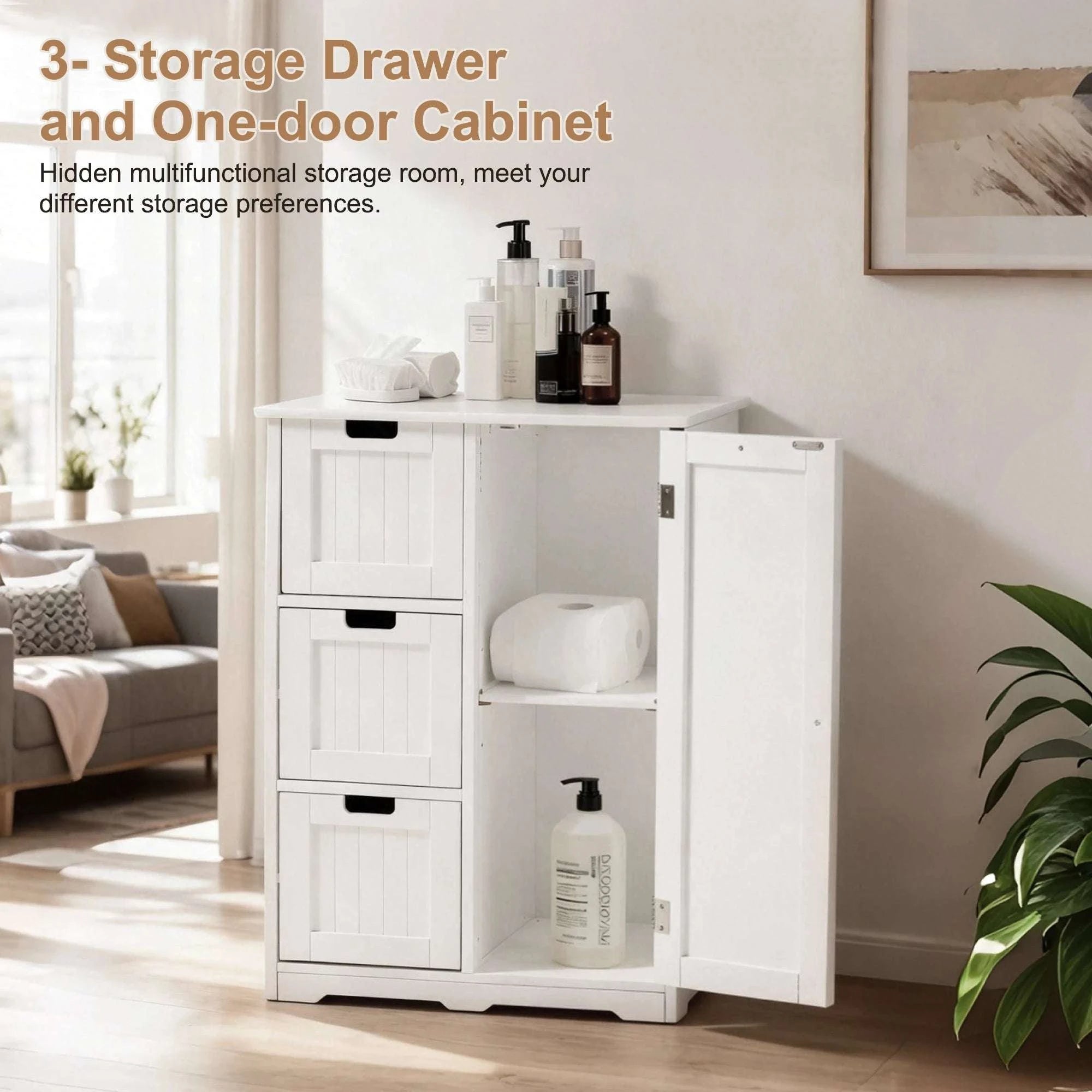 Wooden Storage Cabinet with Drawers and Cupboard for Home Organization-Ivory / United States