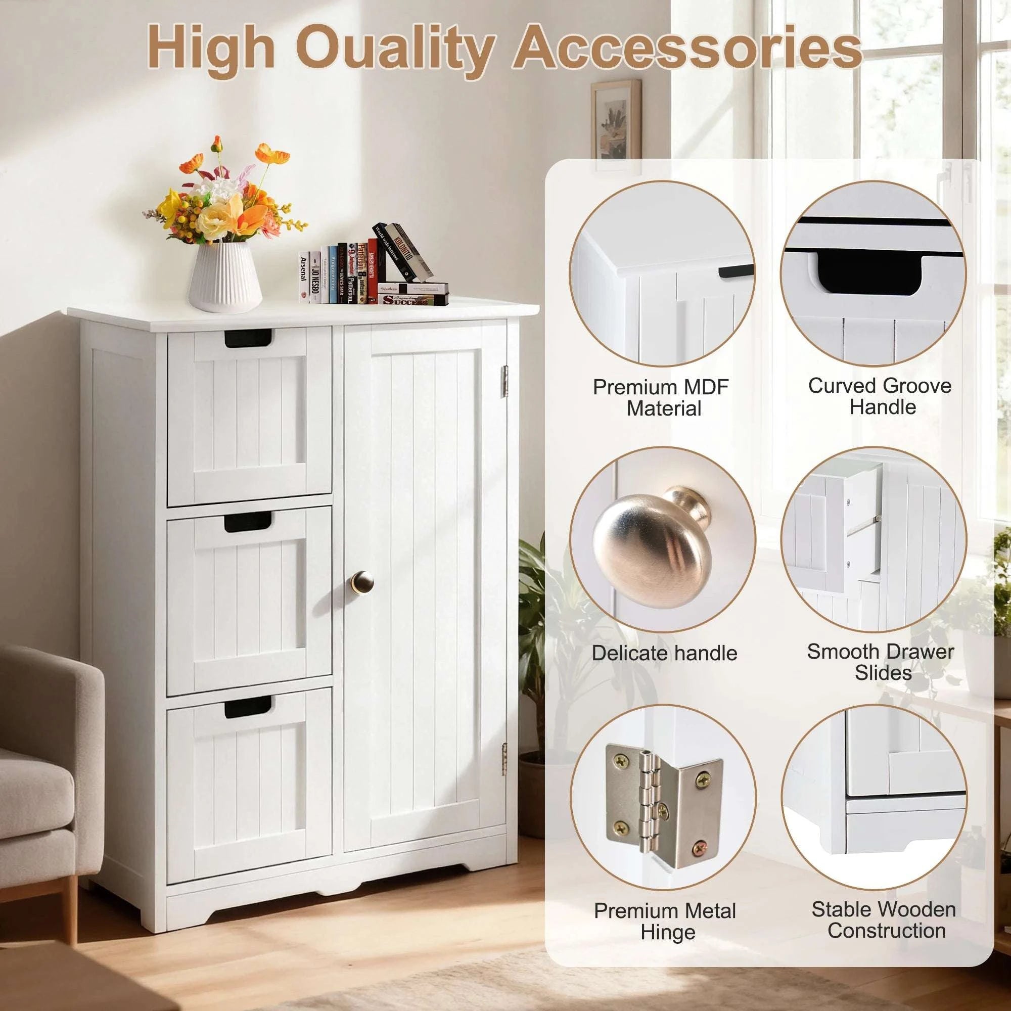 Wooden Storage Cabinet with Drawers and Cupboard for Home Organization-Ivory / United States