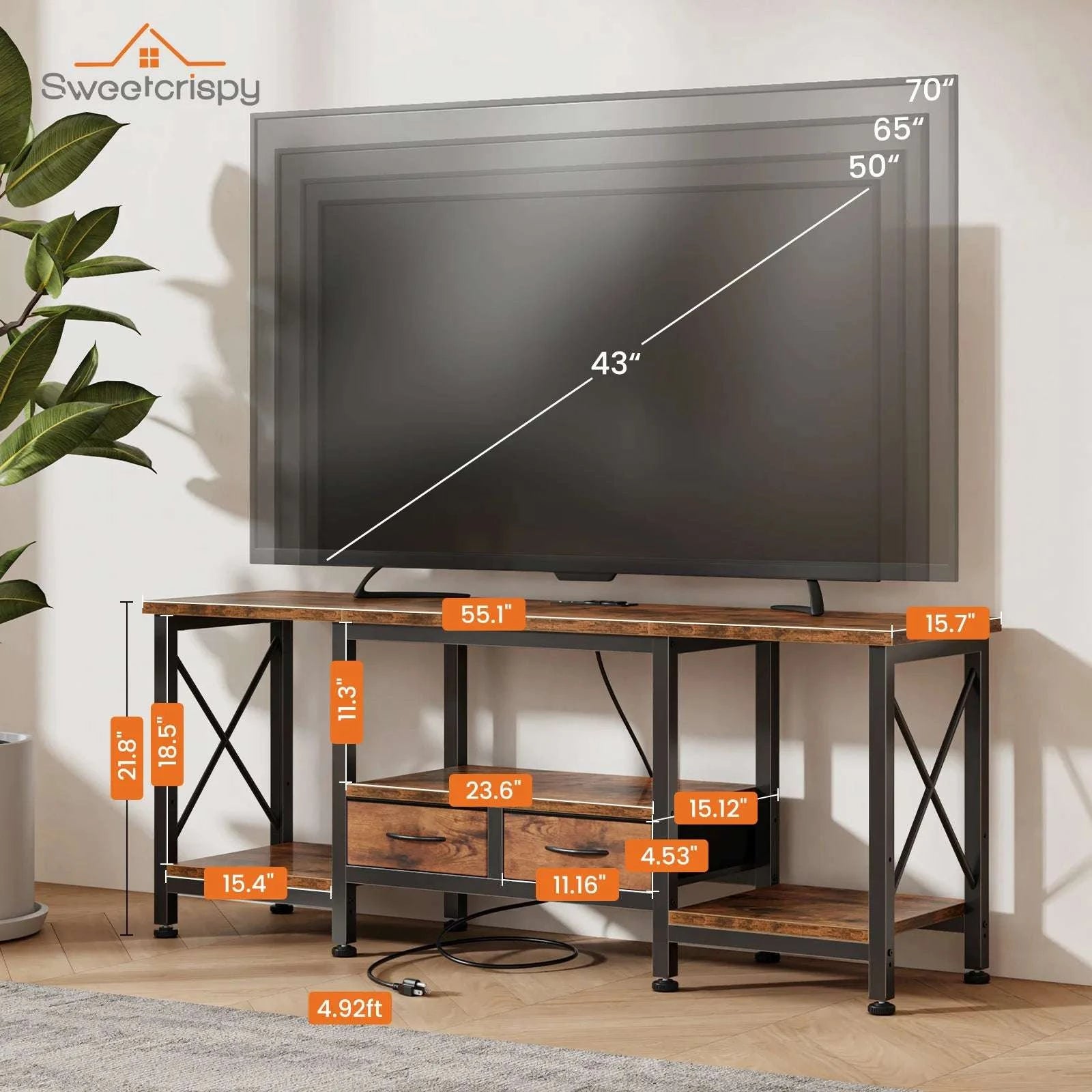 Wooden TV Stand with Charging Station for Up to 75 Inch TVs-55IN / United States