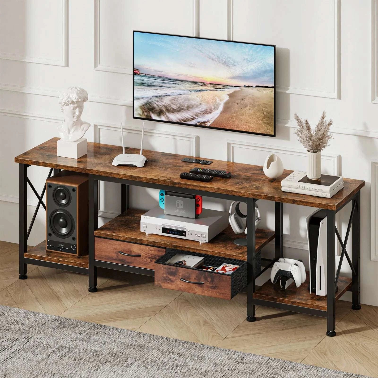 Wooden TV Stand with Charging Station for Up to 75 Inch TVs-55IN / United States