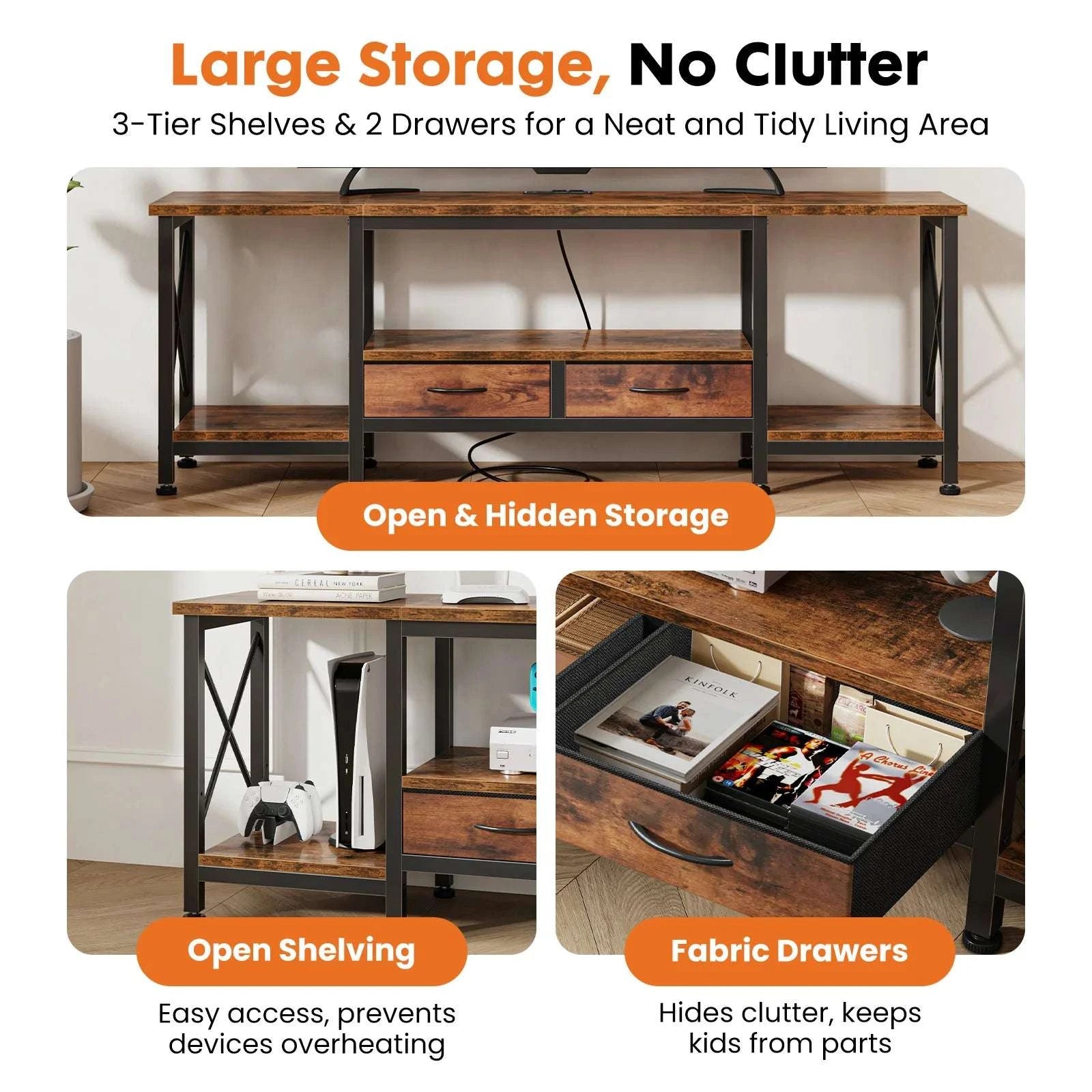 Wooden TV Stand with Charging Station for Up to 75 Inch TVs-55IN / United States