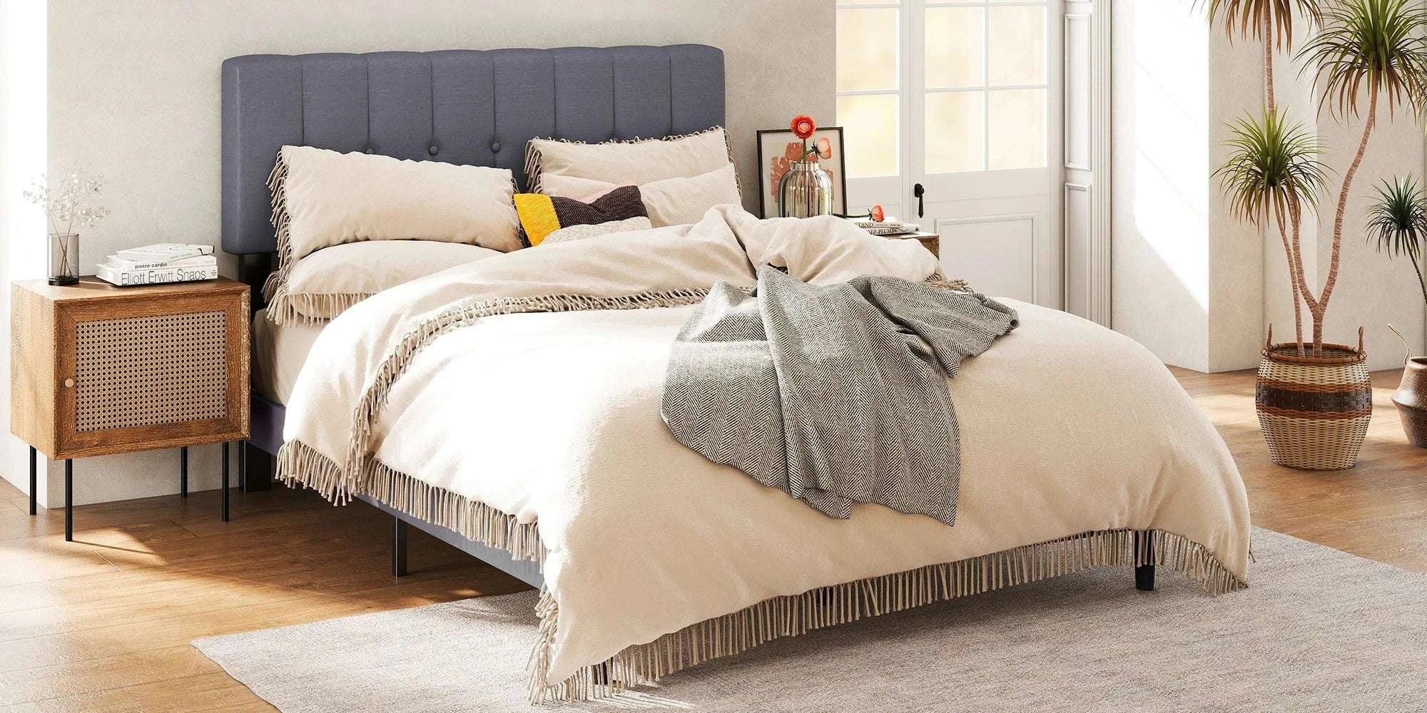 Wooden Upholstered Bed Frame with Adjustable Headboard, No Box Spring-Full / United States