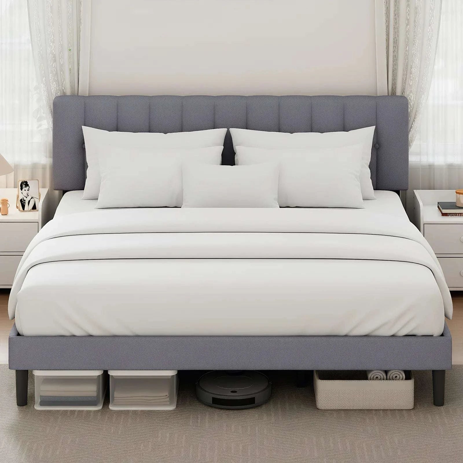 Wooden Upholstered Bed Frame with Adjustable Headboard, No Box Spring-Full / United States