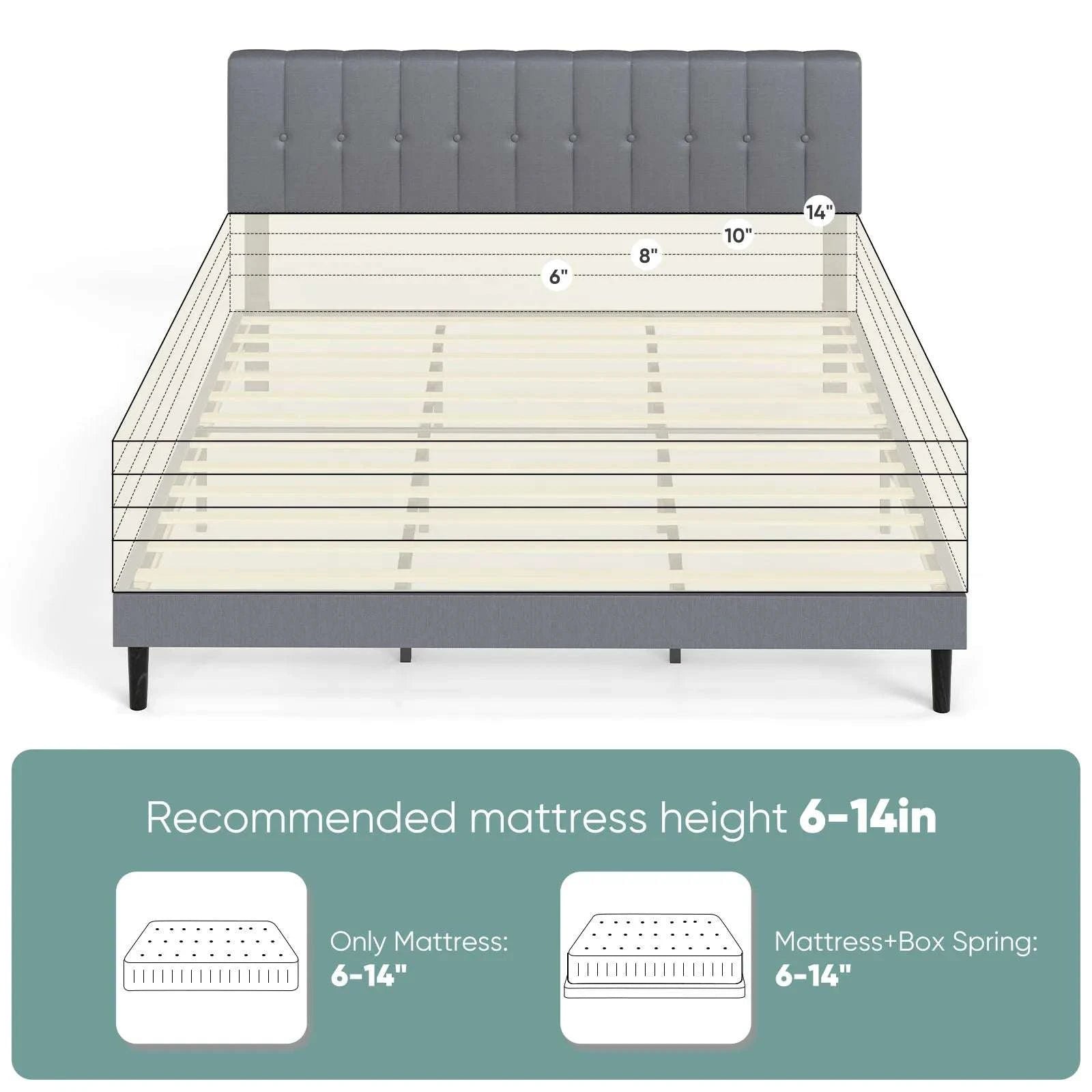 Wooden Upholstered Bed Frame with Adjustable Headboard, No Box Spring-Full / United States