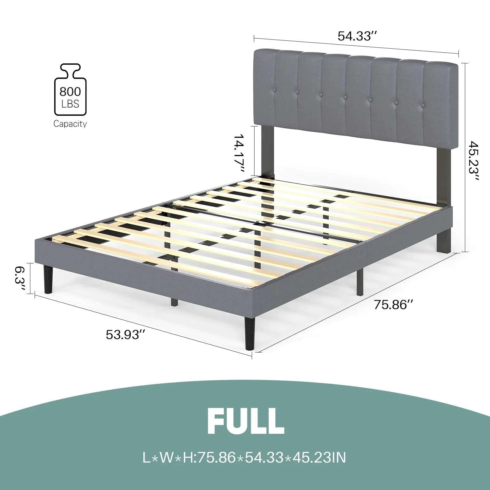 Wooden Upholstered Bed Frame with Adjustable Headboard, No Box Spring-Full / United States