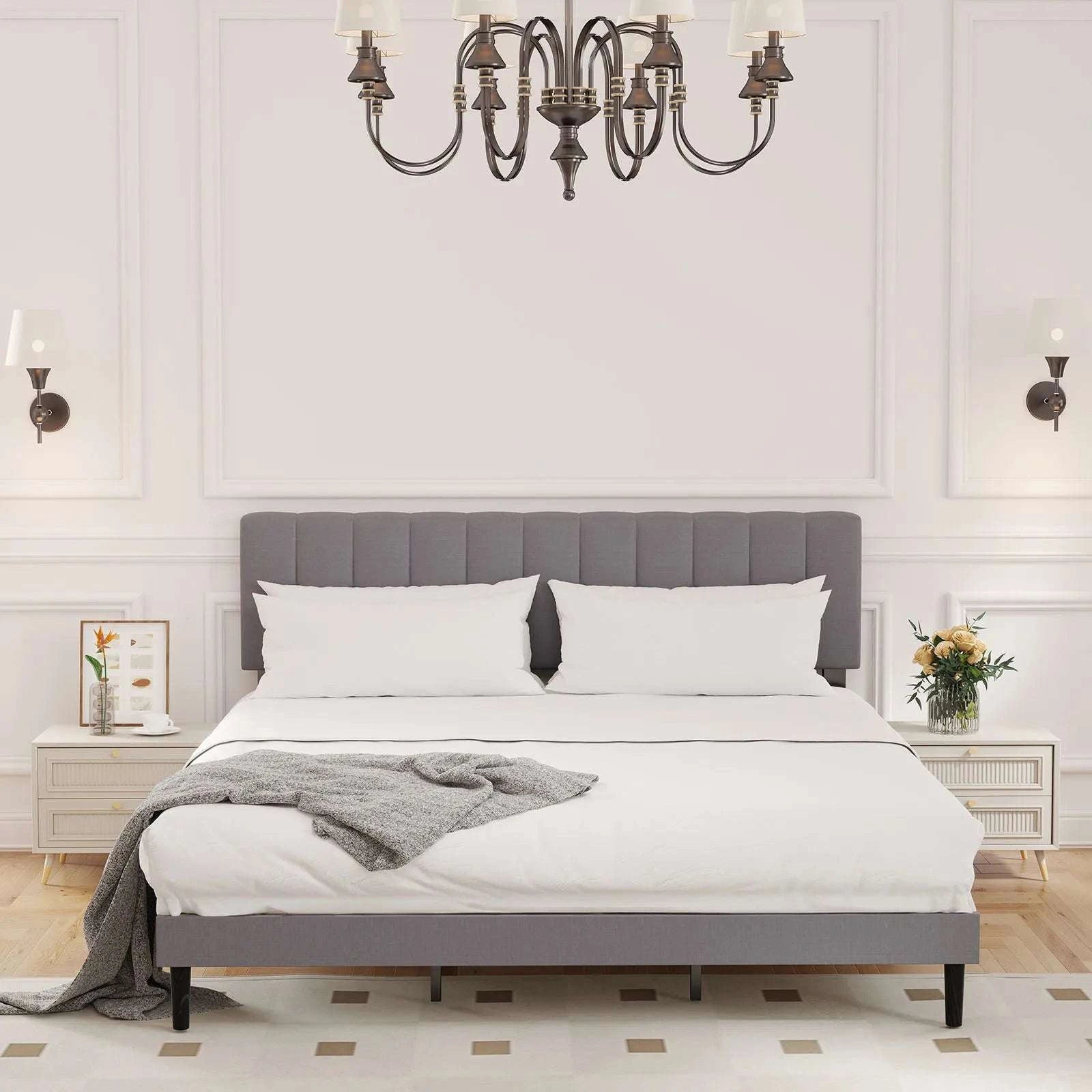 Wooden Upholstered Bed Frame with Adjustable Headboard, No Box Spring-Full / United States