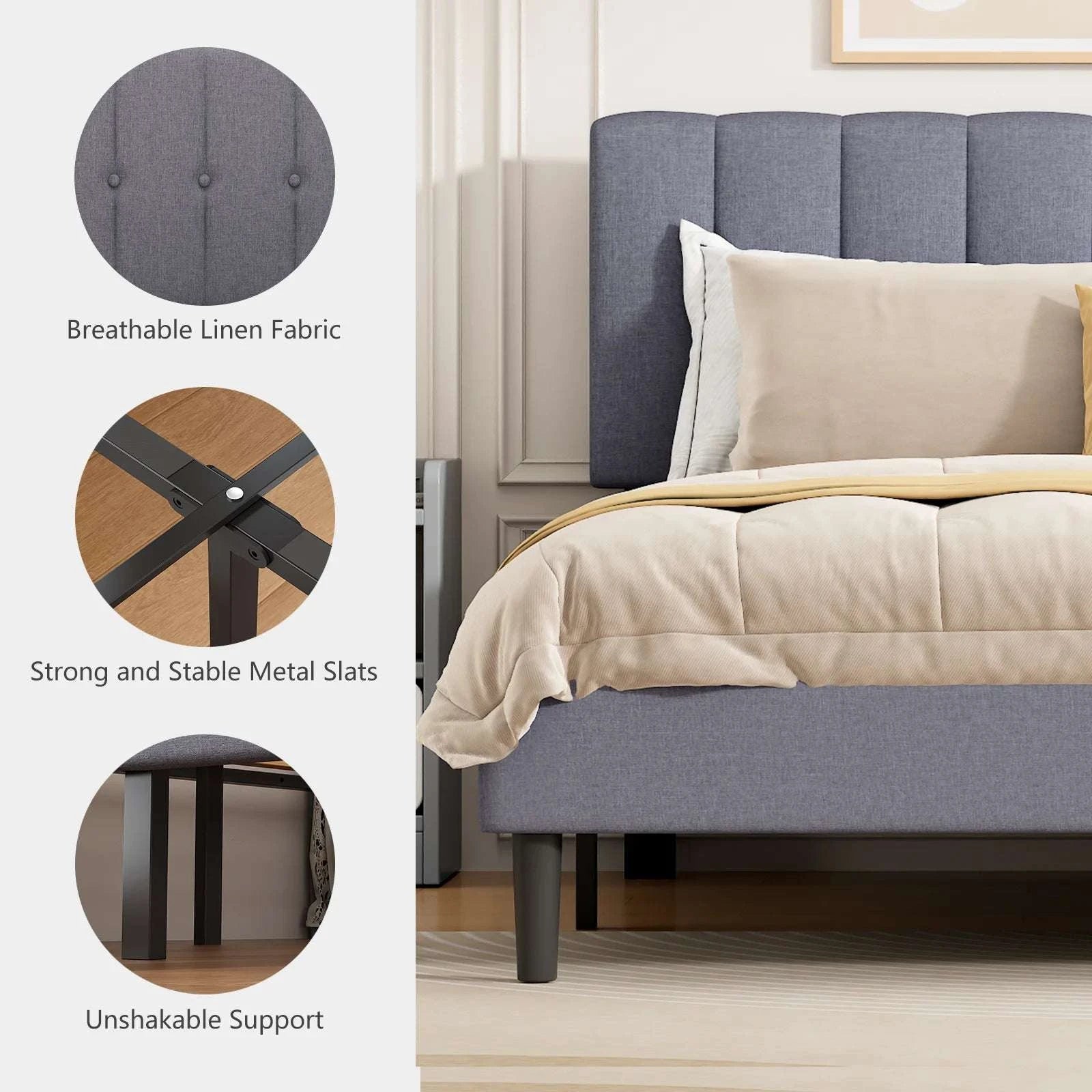 Wooden Upholstered Bed Frame with Adjustable Headboard, No Box Spring-Full / United States