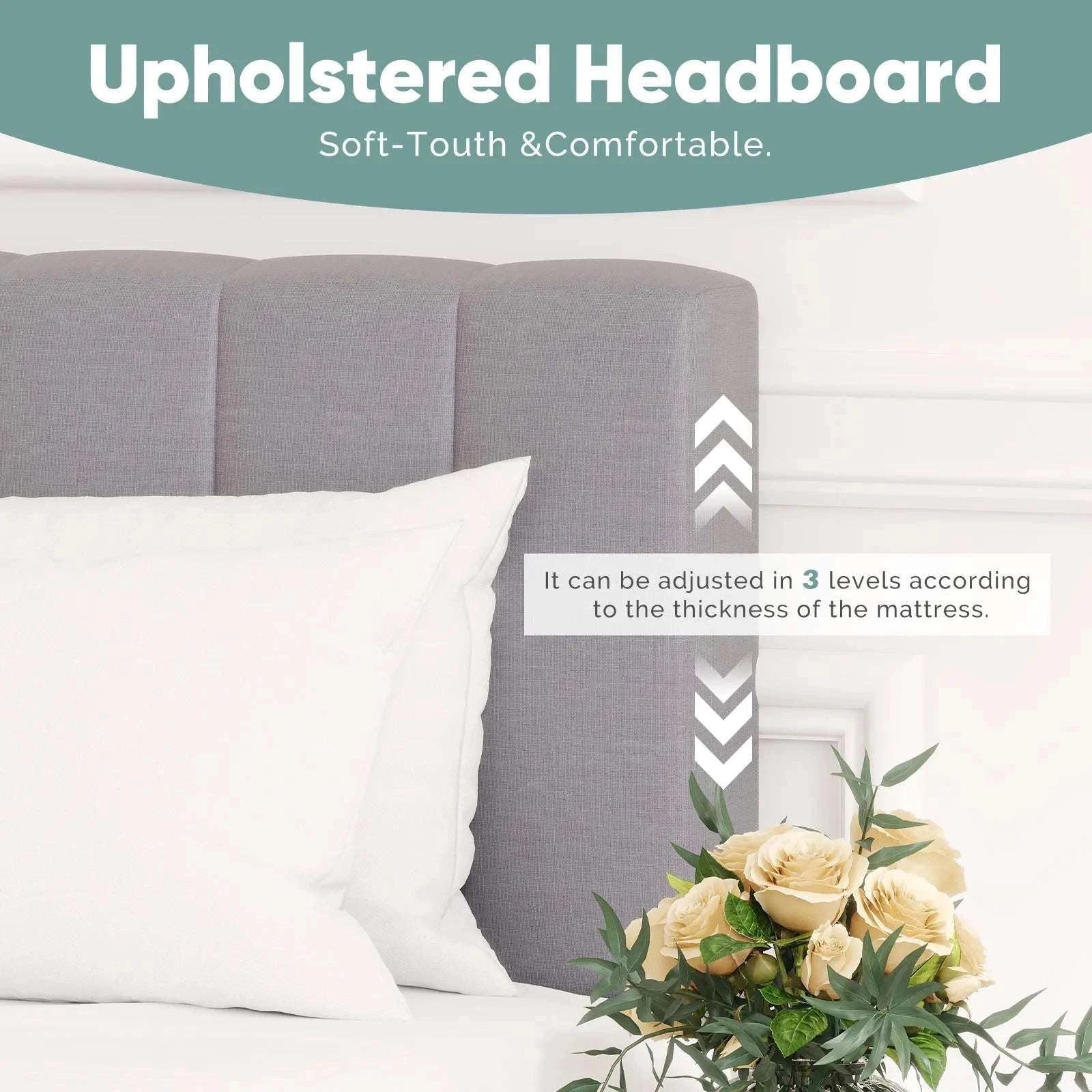 Wooden Upholstered Bed Frame with Adjustable Headboard, No Box Spring-Full / United States