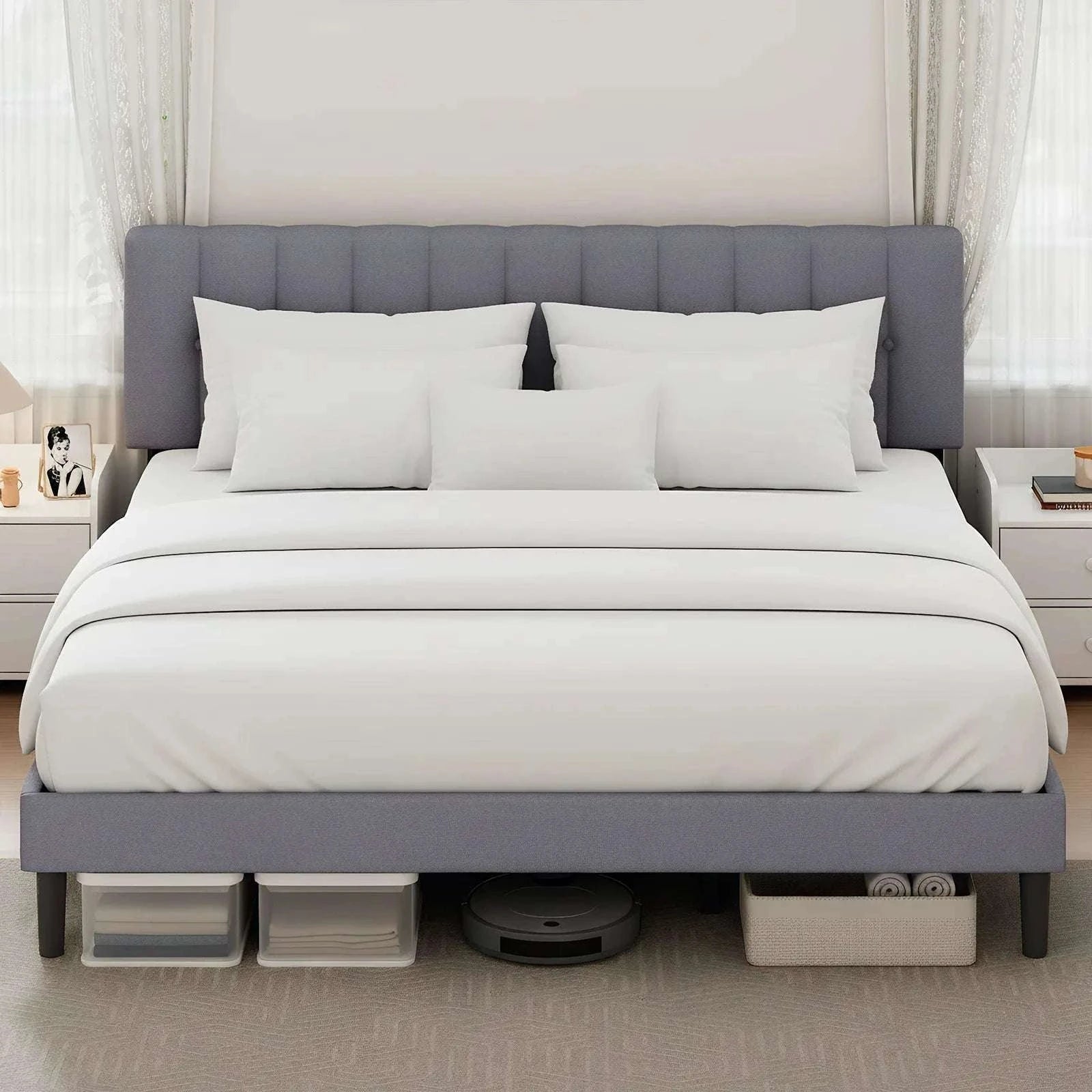 Wooden Upholstered Bed Frame with Adjustable Headboard, No Box Spring-Full / United States