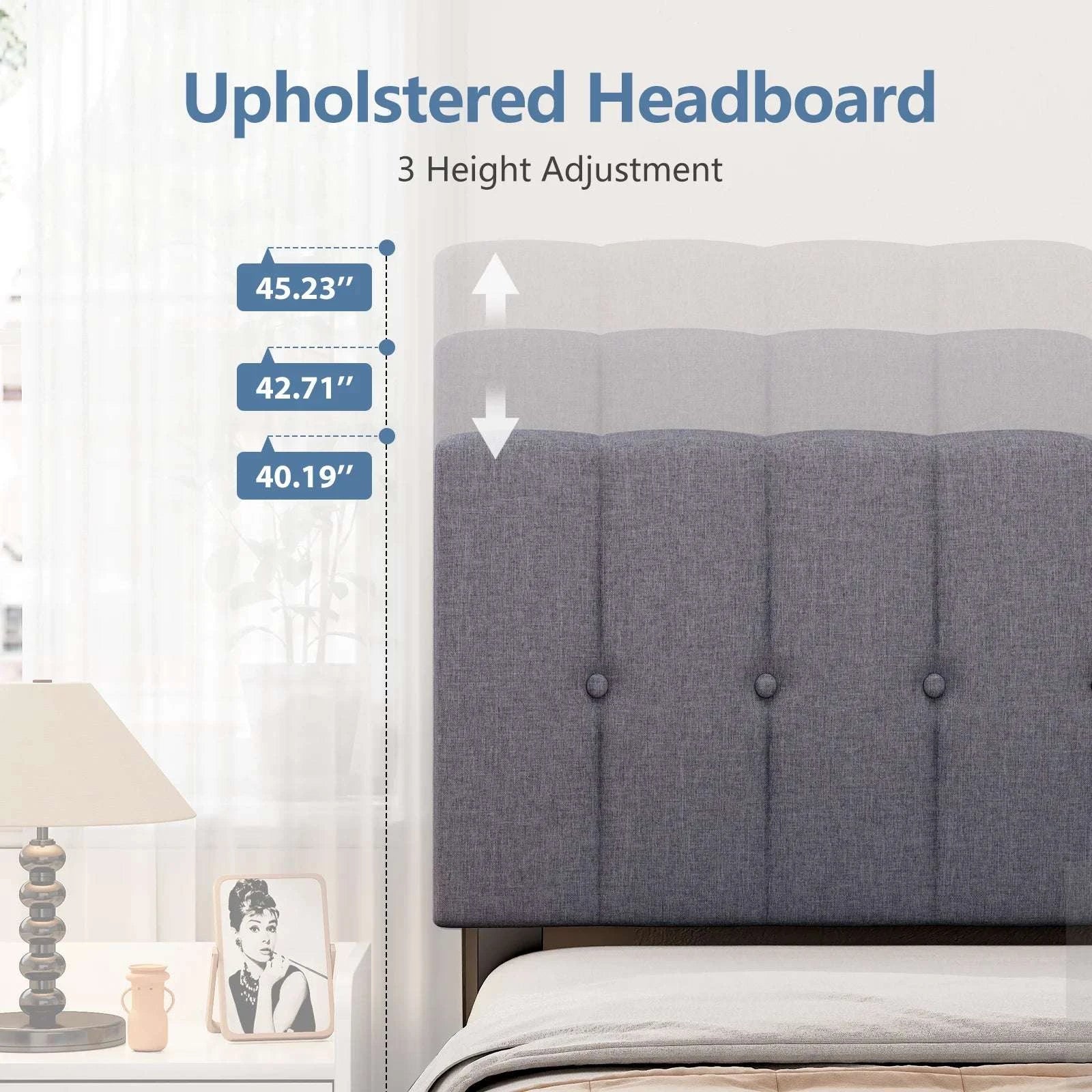 Wooden Upholstered Bed Frame with Adjustable Headboard, No Box Spring-Full / United States