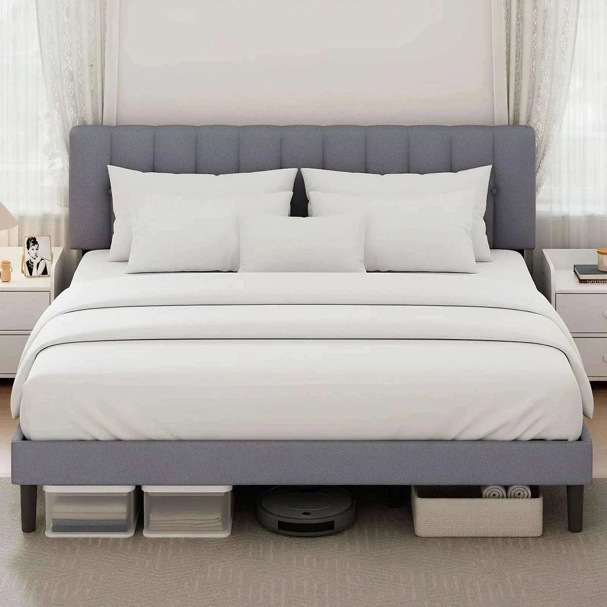 Wooden Upholstered Bed Frame with Adjustable Headboard, No Box Spring-Full / United States