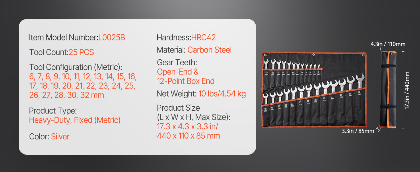 25-Piece Combination Wrench Set with Roll-Up Pouch, Metric 6 mm to 32 mm, Carbon Steel
