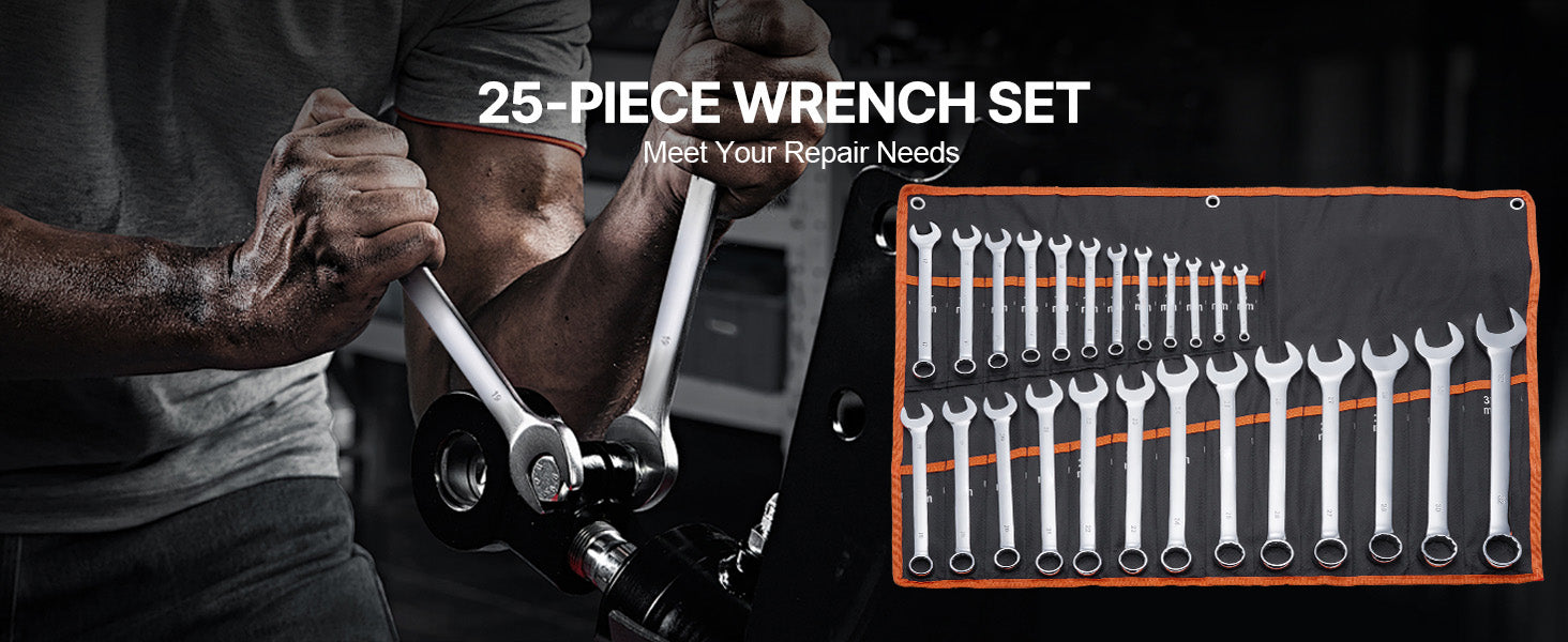 25-Piece Combination Wrench Set with Roll-Up Pouch, Metric 6 mm to 32 mm, Carbon Steel