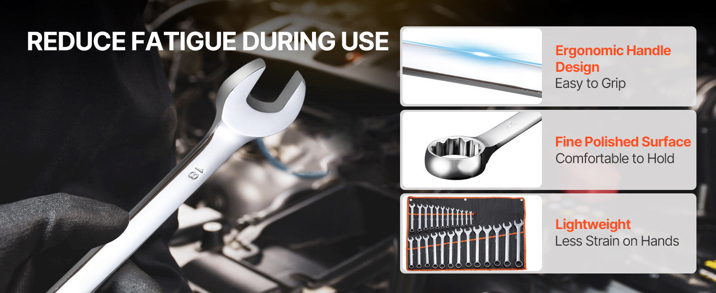 25-Piece Combination Wrench Set with Roll-Up Pouch, Metric 6 mm to 32 mm, Carbon Steel