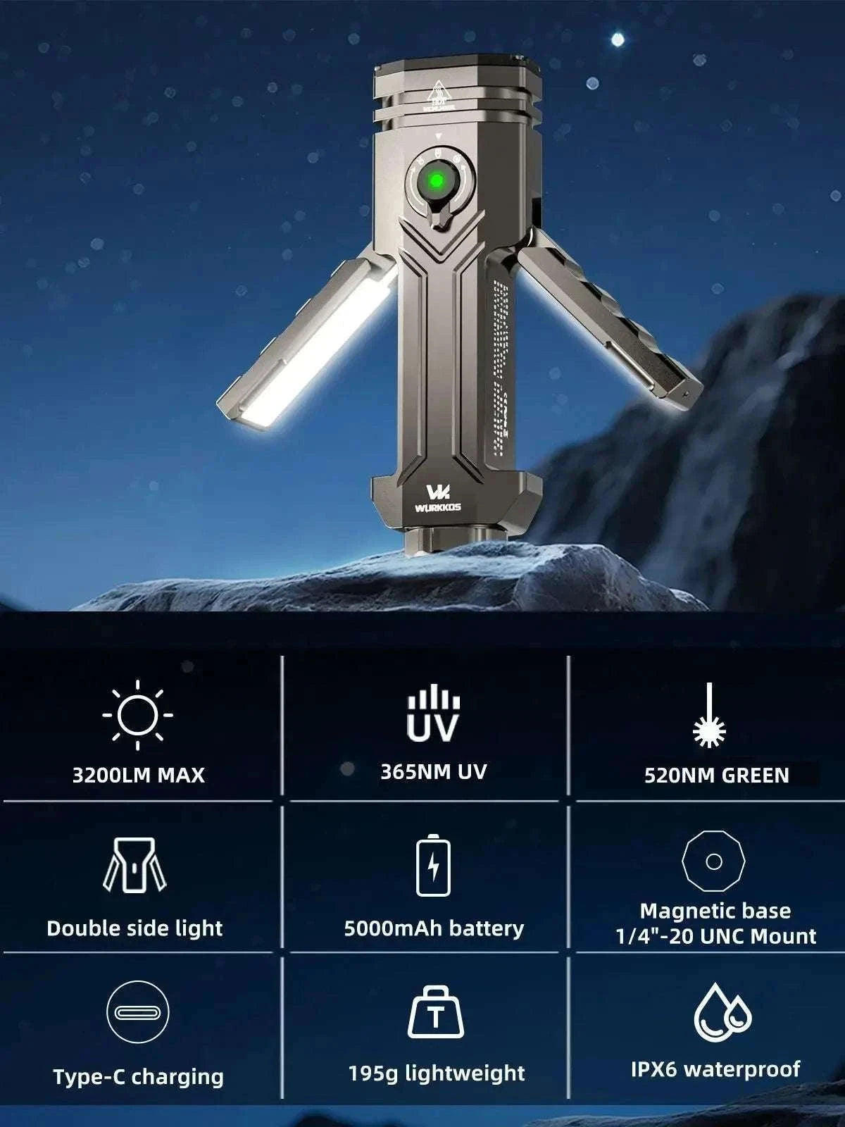 Wurkkos HD02 LED Camping Light with UV, Green Beam & Magnetic Mount-Starry Night Gray / United States