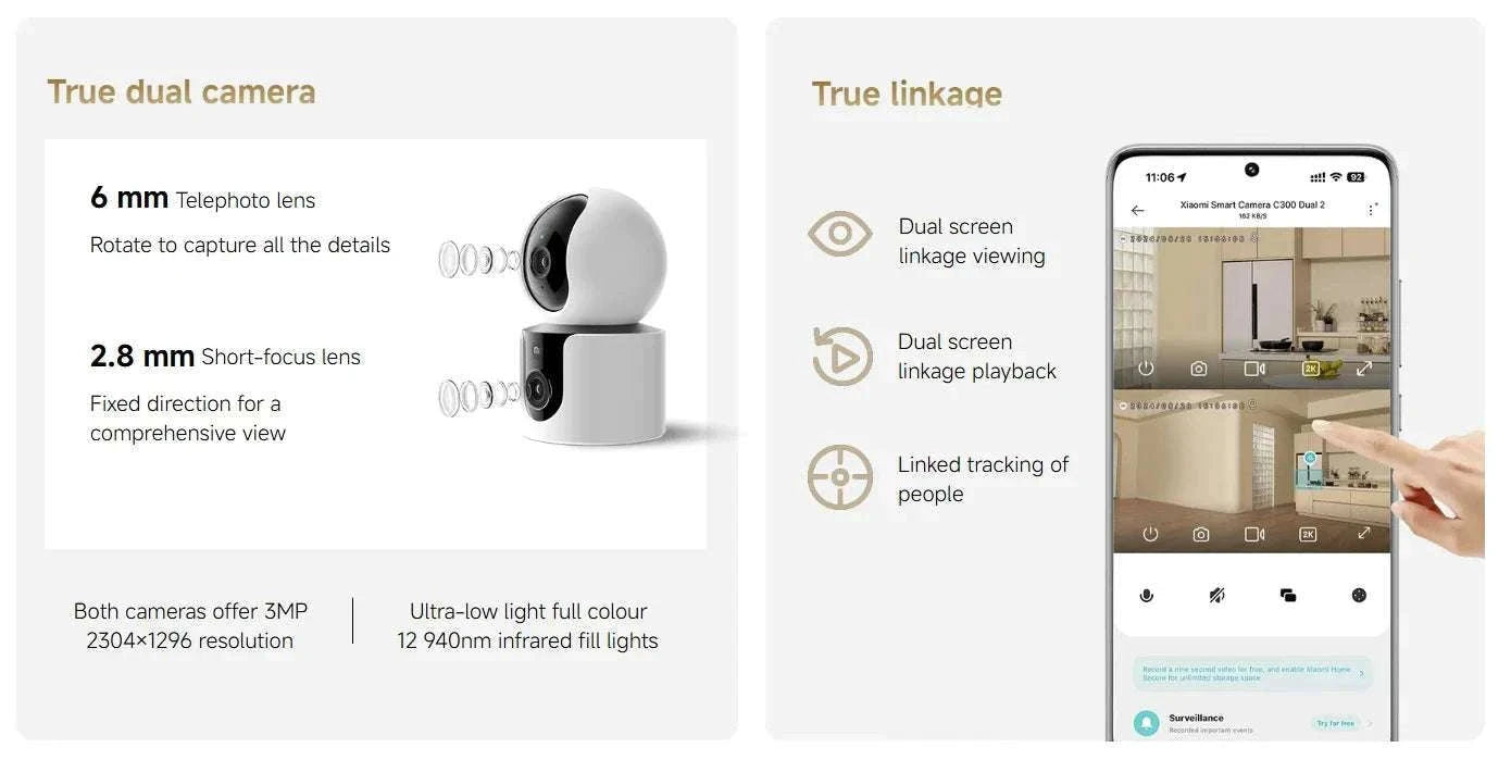 Xiaomi C300 Dual Lens Smart Camera 360° AI WiFi 6 Home Security-Add UK Adapter