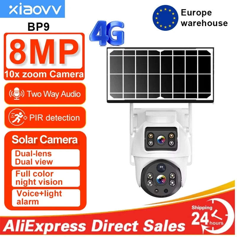 xiaovv 8MP 4K Wireless Solar Camera 4G Sim Outdoor Dual Lens  IP Camera PIR Night Vision V380 Pro CCTV Security Protection Monitor-8MP / EU Plug / Australia