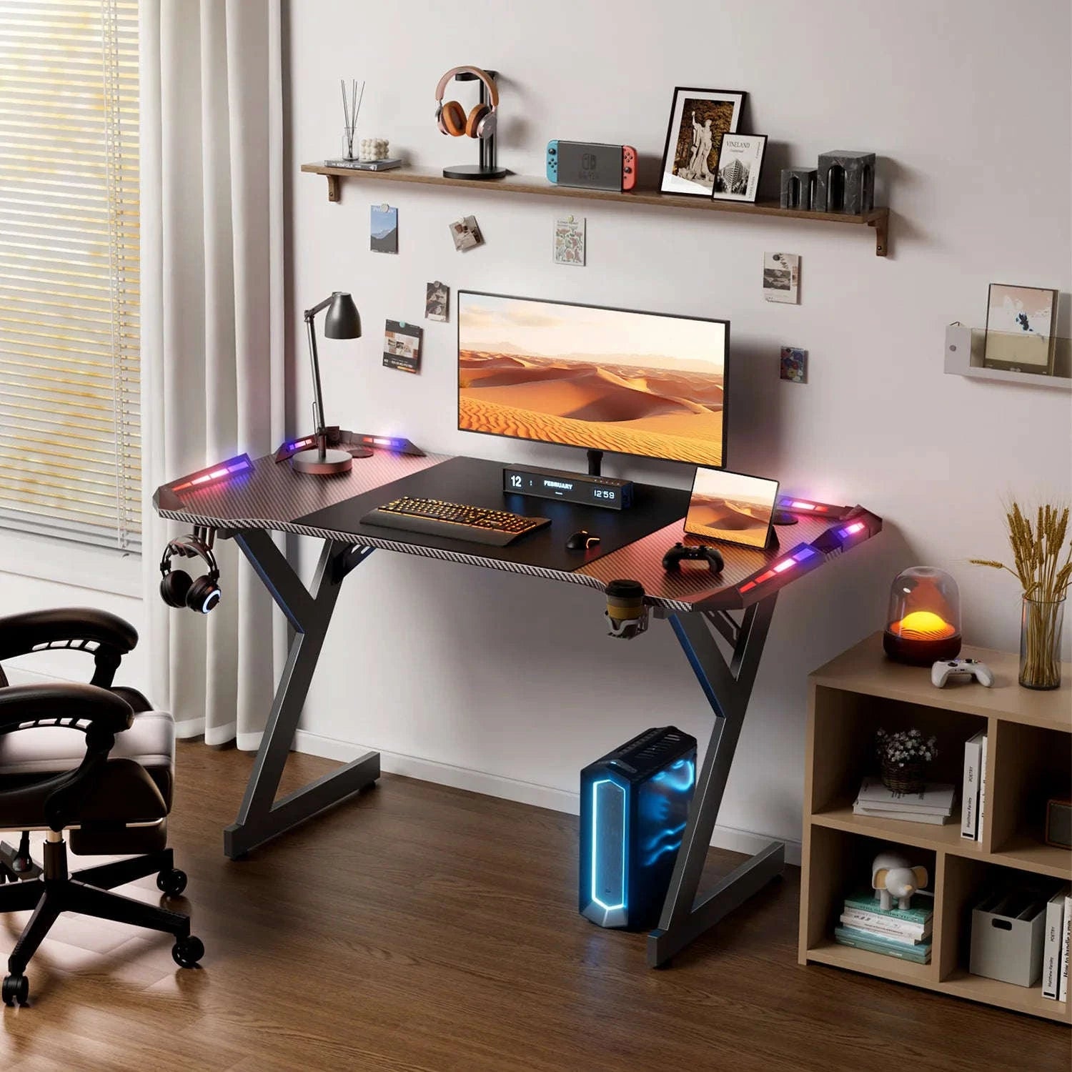 Y-Shaped RGB Gaming Desk with Cup Holder and Headphone Hook-48 Inch / United States
