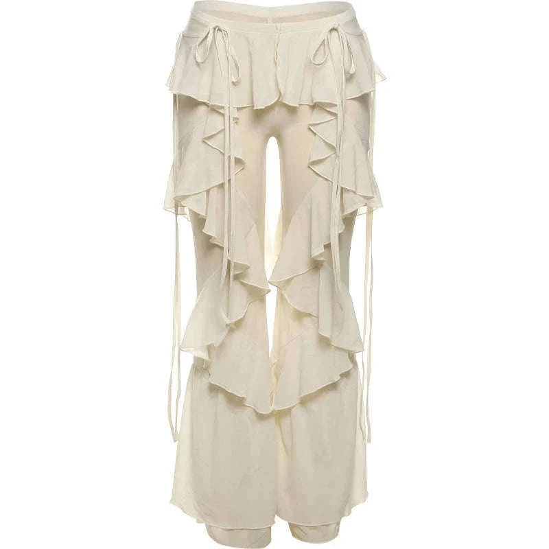 Y2K Patchwork Sheer Flare Pants Women Low Rise Stretch Trousers-Blue / S