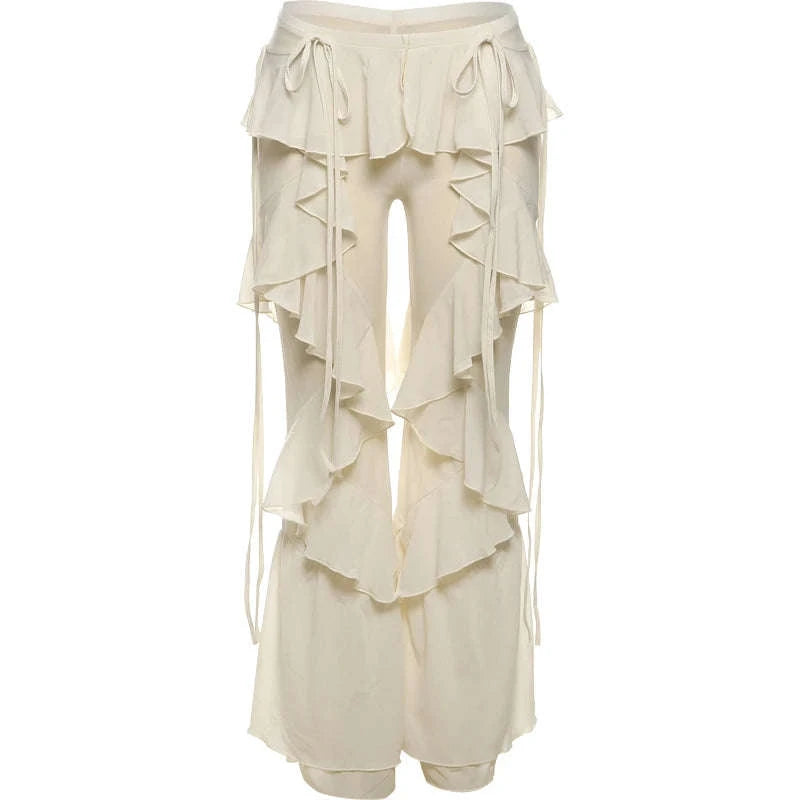 Y2K Patchwork Sheer Flare Pants Women Low Rise Stretch Trousers-Blue / S