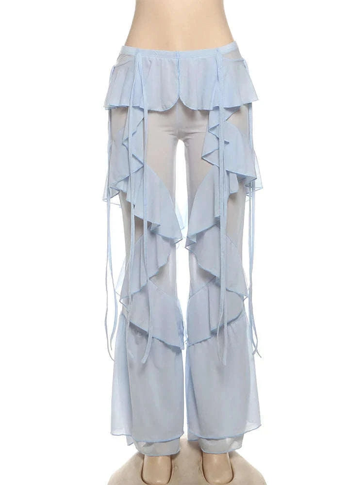 Y2K Patchwork Sheer Flare Pants Women Low Rise Stretch Trousers-Blue / S