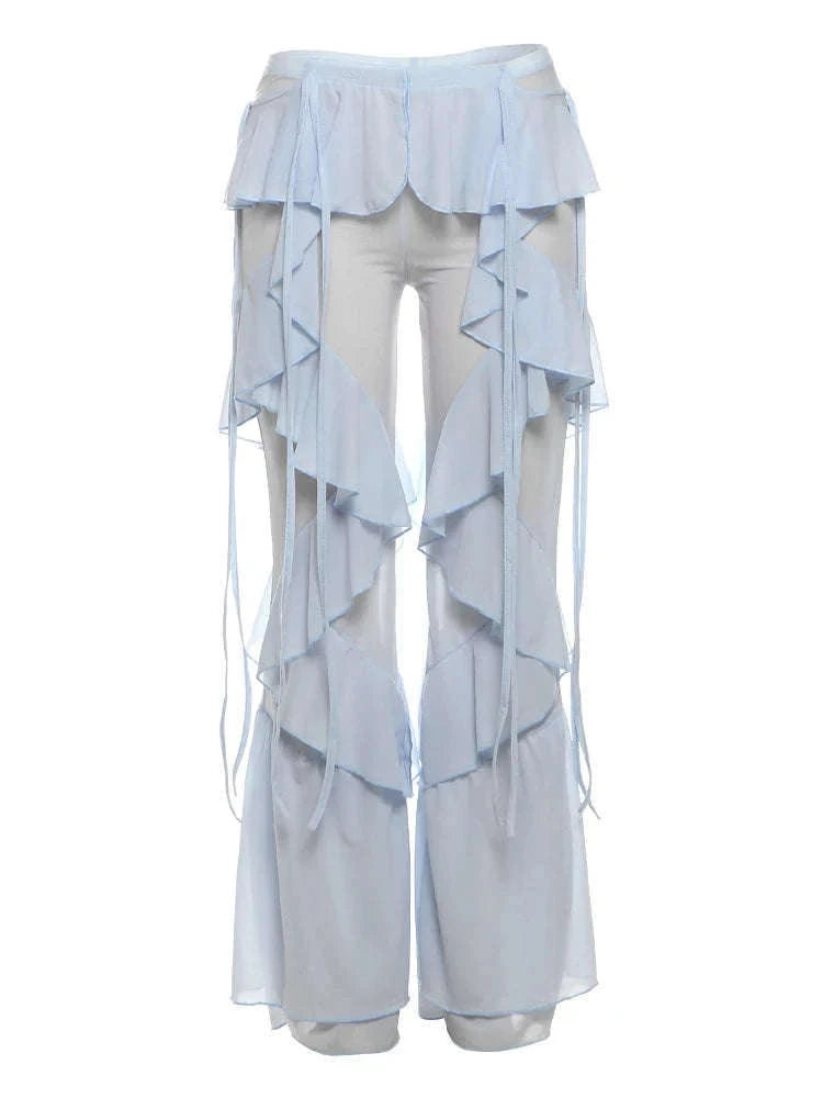 Y2K Patchwork Sheer Flare Pants Women Low Rise Stretch Trousers-Blue / S