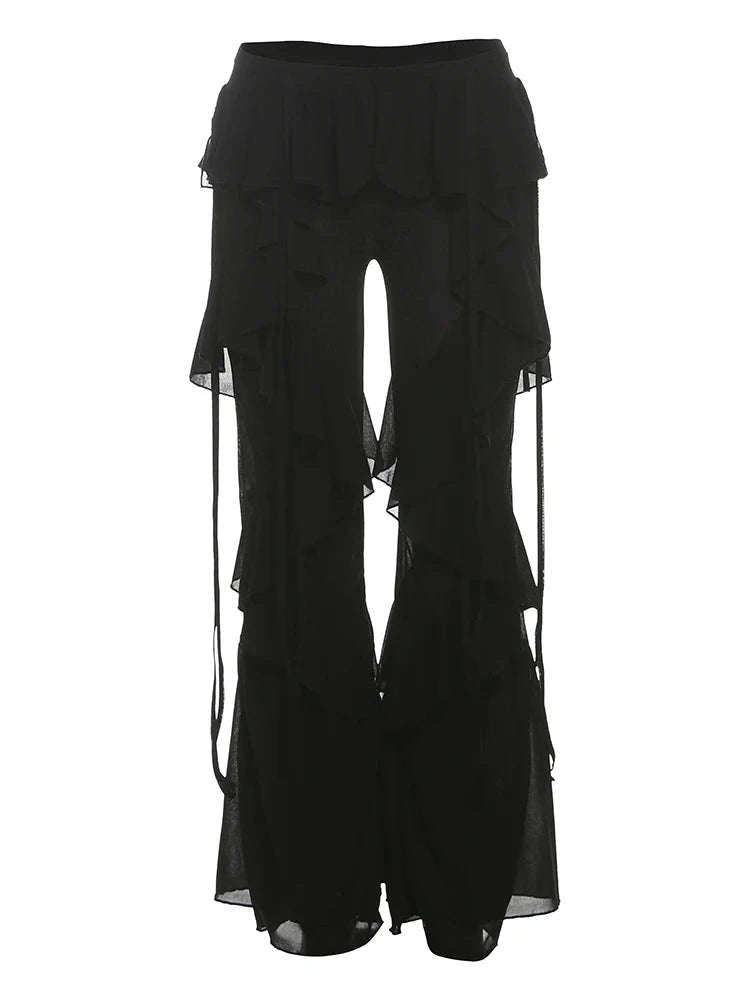 Y2K Patchwork Sheer Flare Pants Women Low Rise Stretch Trousers-Blue / S