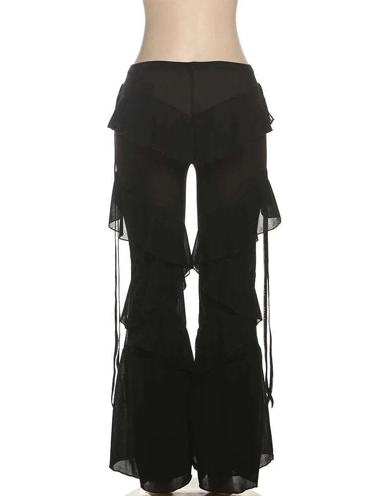 Y2K Patchwork Sheer Flare Pants Women Low Rise Stretch Trousers-Blue / S