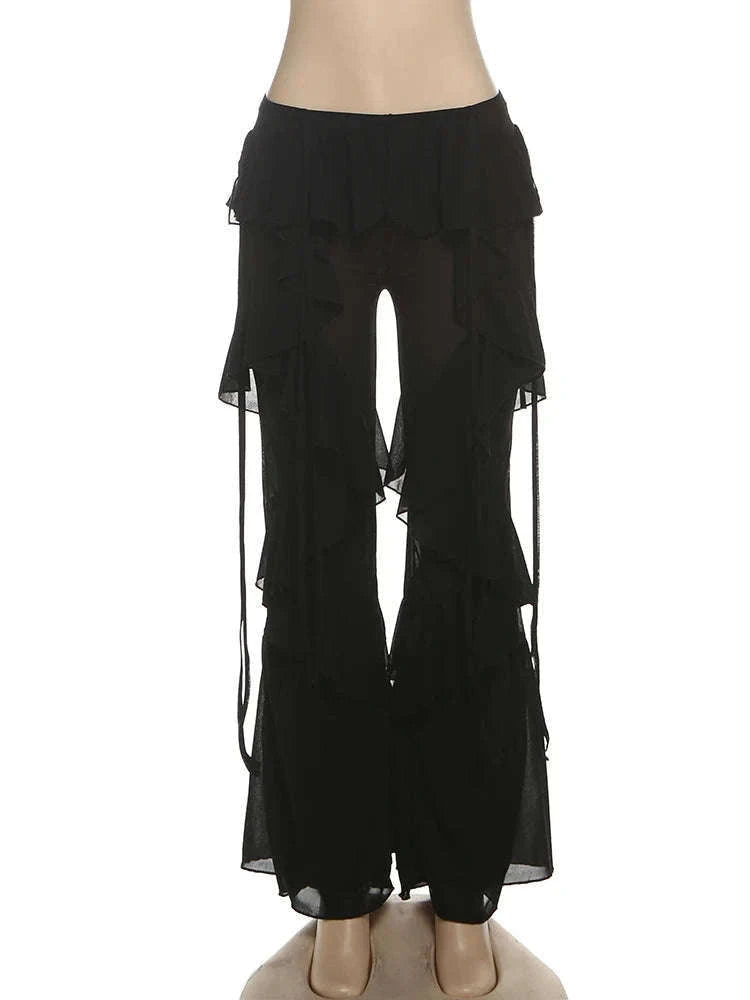 Y2K Patchwork Sheer Flare Pants Women Low Rise Stretch Trousers-Blue / S